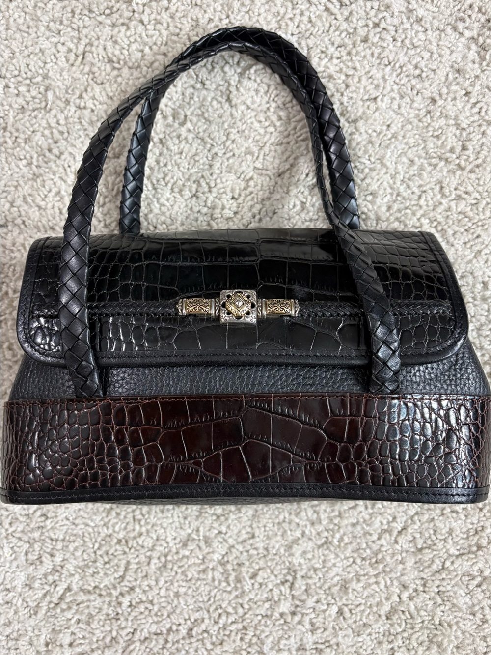 Brighton Black and Dark Brown Croc-Embossed Top-Handle Satchel